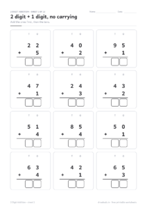2 digit addition worksheet with twelve column sums laid out under T and O headings