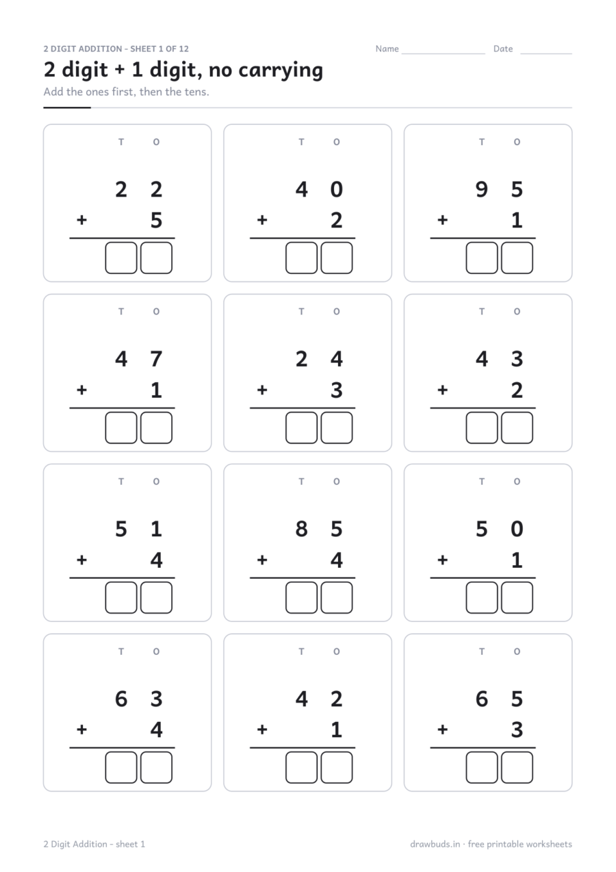 2 Digit Addition Worksheets: Carry and No Carry — printable PDF page preview