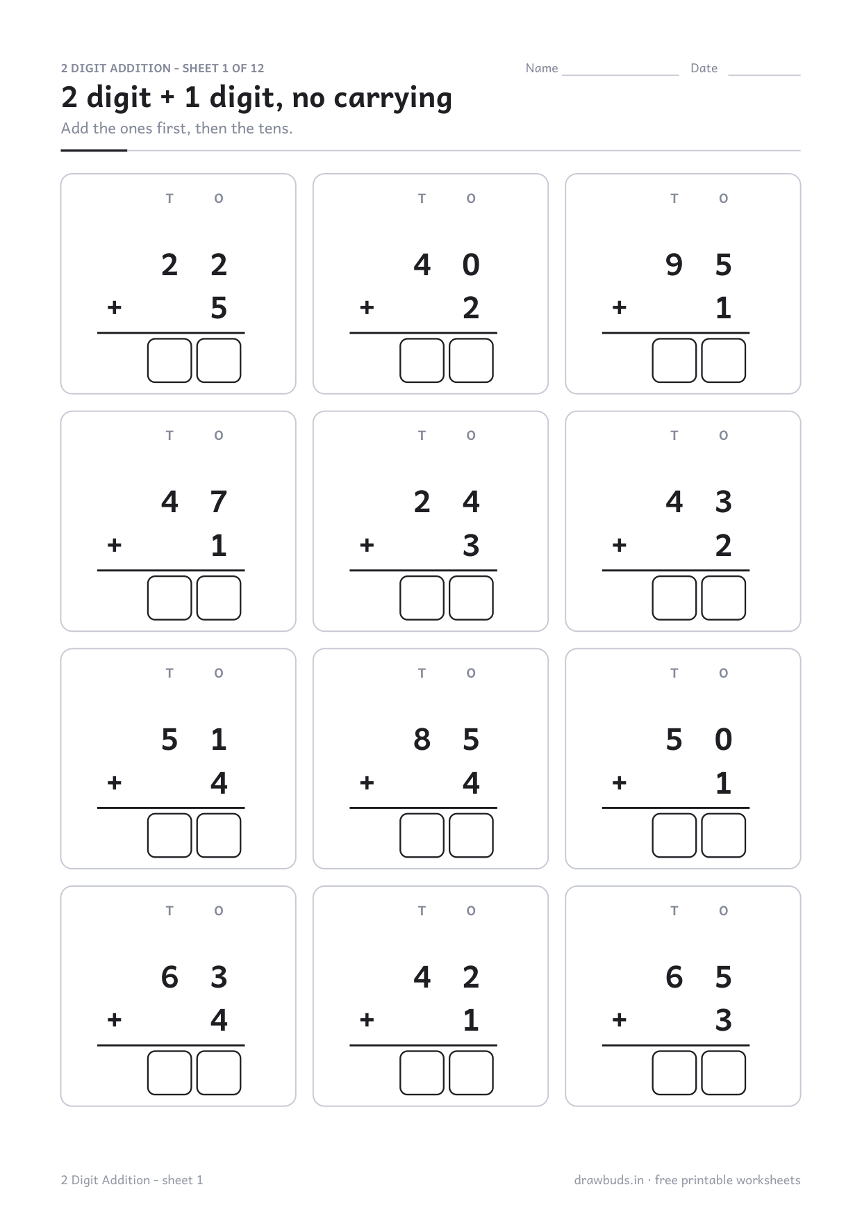 2 digit addition worksheet with twelve column sums laid out under T and O headings