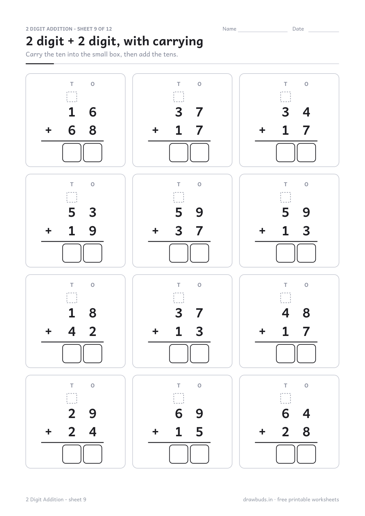 2 digit addition with carrying worksheet, a small carry box above each tens column