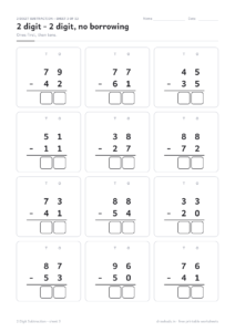 2 digit subtraction worksheet without borrowing, twelve column sums