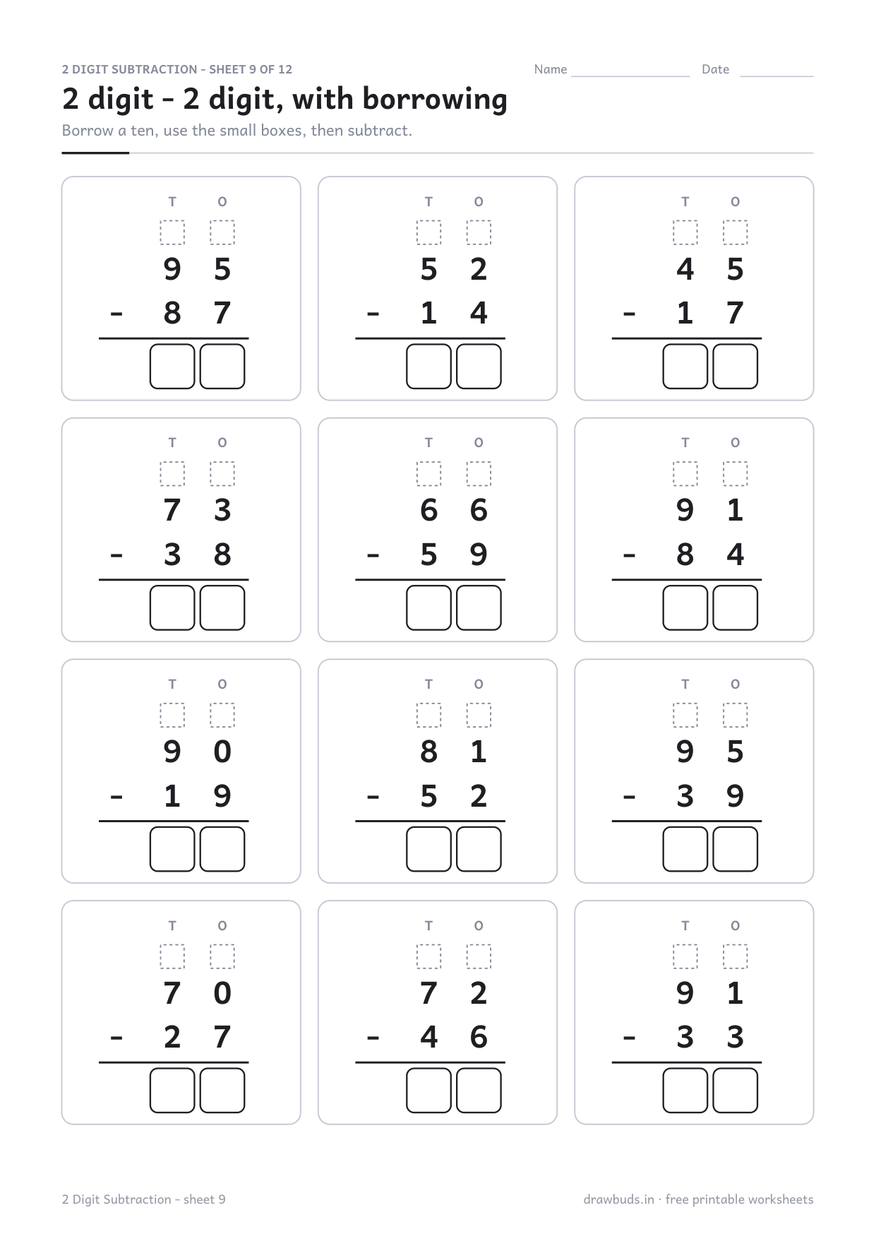 2 digit subtraction with borrowing worksheet with small exchange boxes over both columns