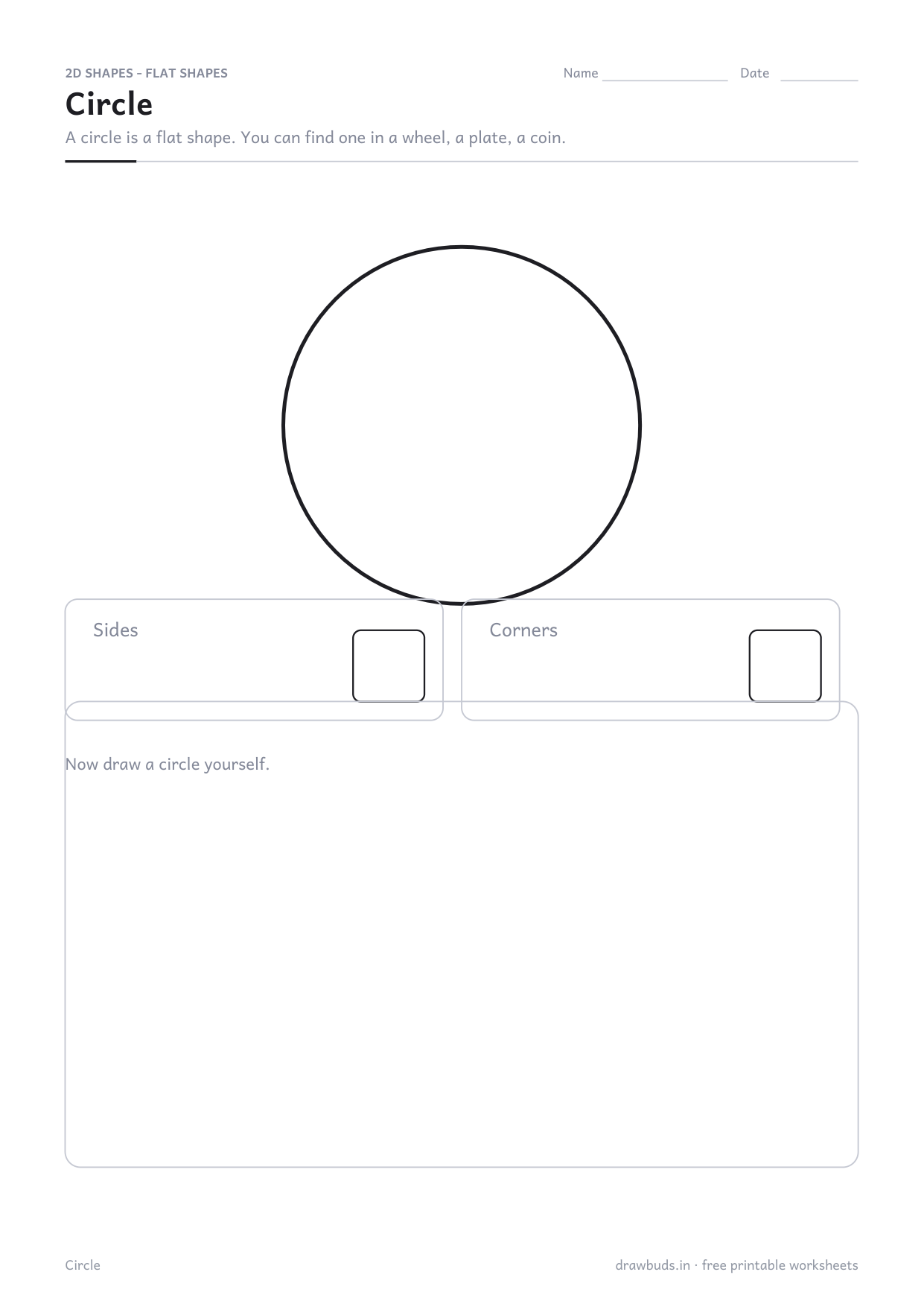 2D shape worksheet for the circle with sides and corners boxes