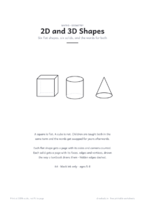 2D and 3D Shapes cover page with a cube, cylinder and cone