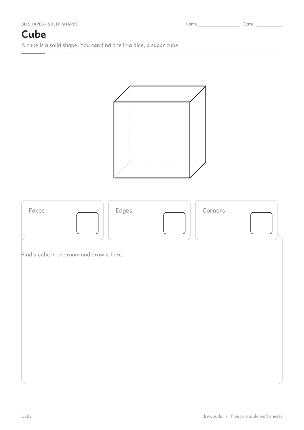 3D shape worksheet for the cube with hidden edges dashed