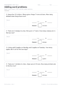 Addition word problems worksheet with four story problems, drawing boxes and answer boxes