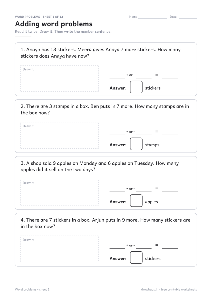 Addition and Subtraction Word Problems — printable PDF page preview