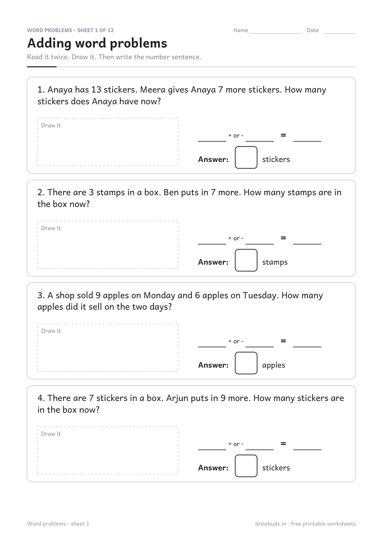 Addition word problems worksheet with four story problems, drawing boxes and answer boxes