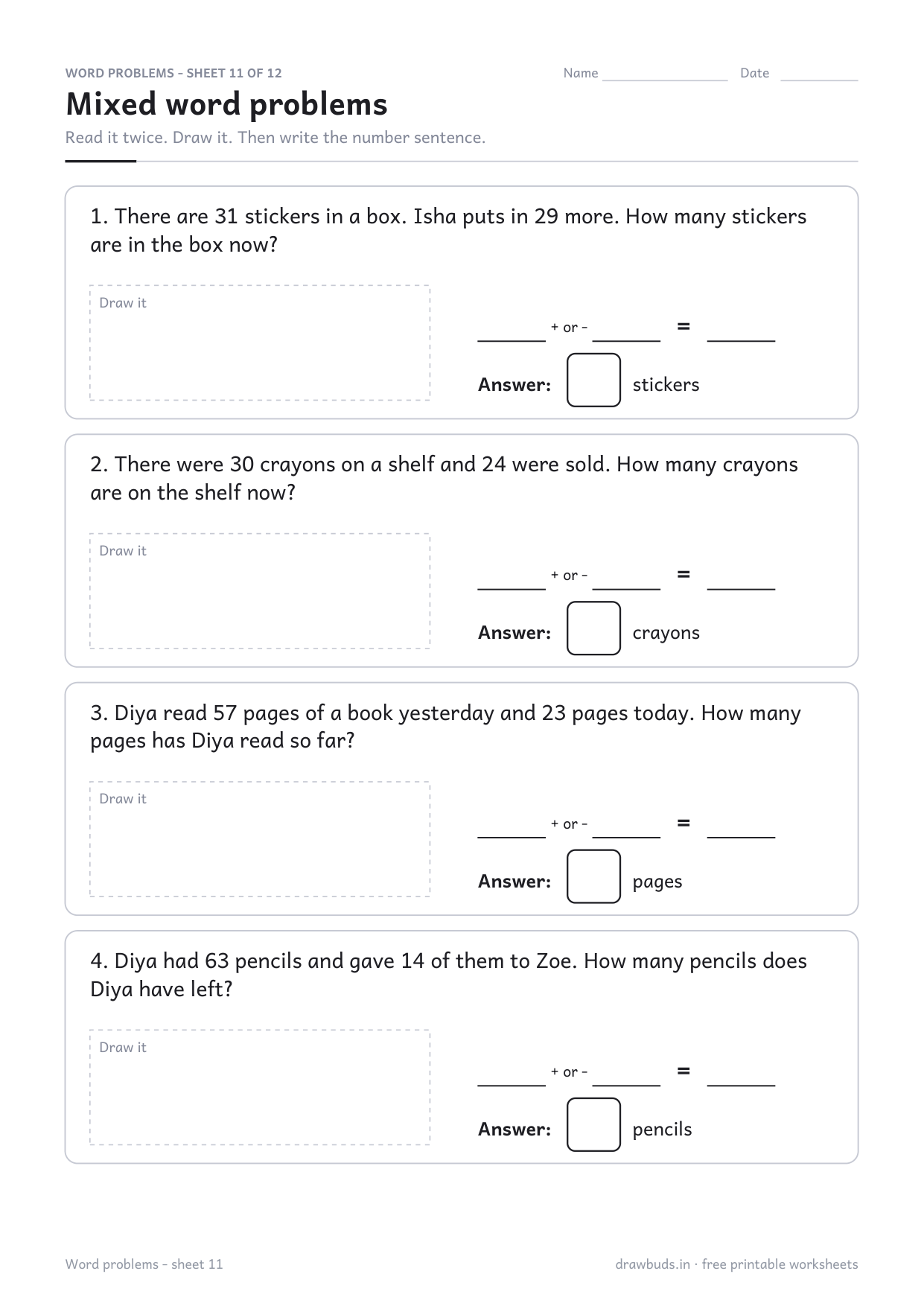 Mixed two digit addition and subtraction word problems worksheet