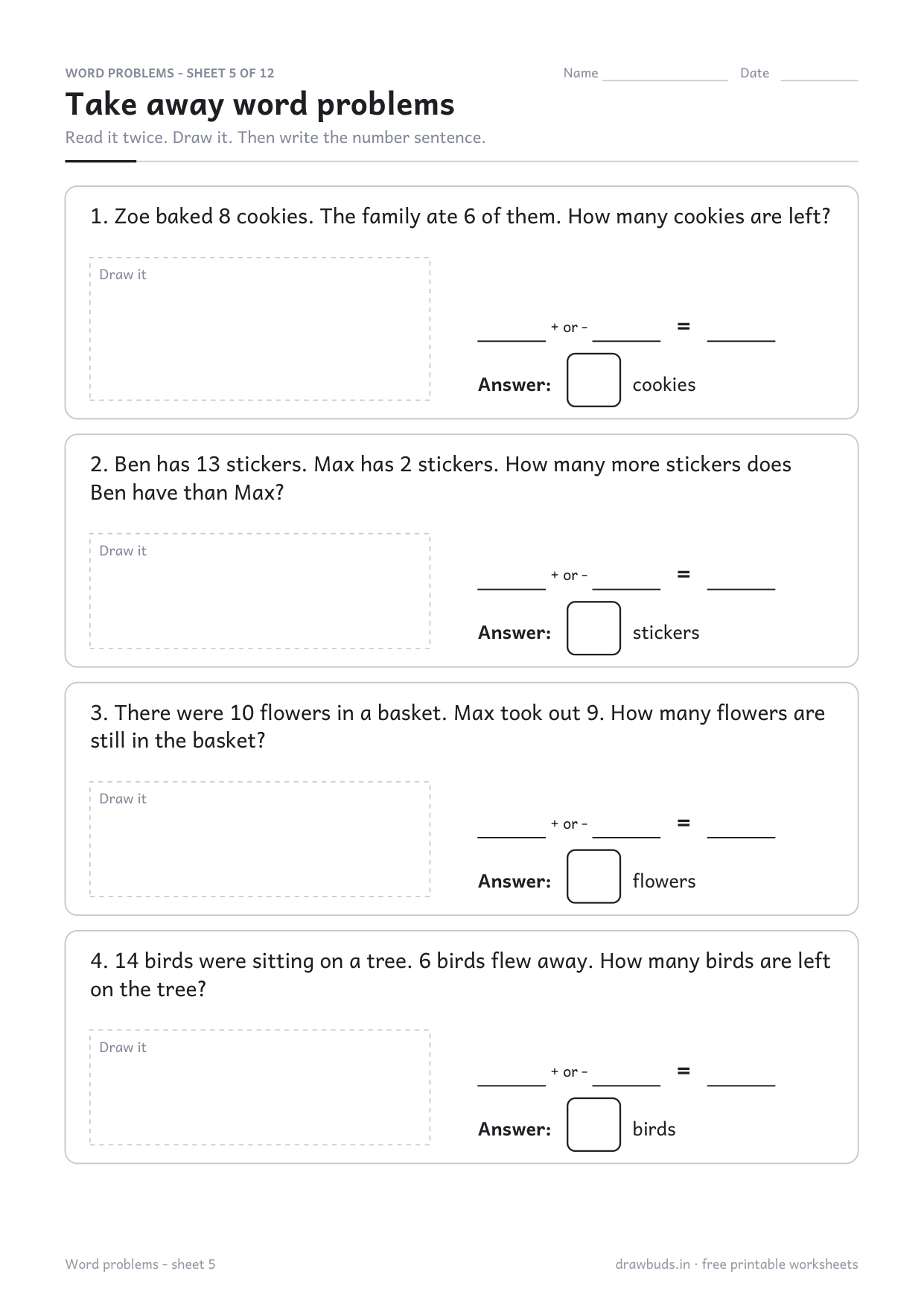 Subtraction word problems worksheet with take away and how many more stories