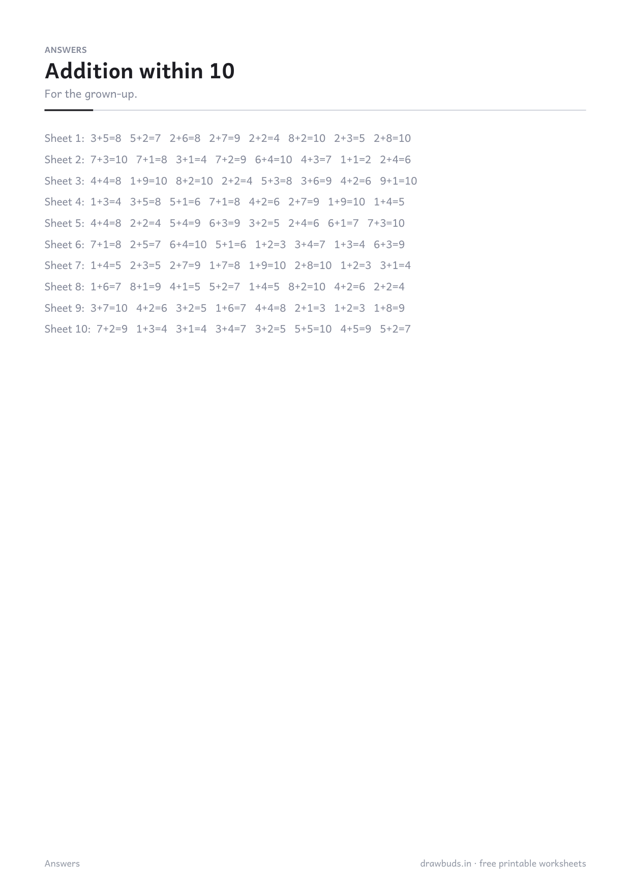 The answer page listing all eighty sums