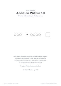 Addition Within 10 cover page with counters and an answer box