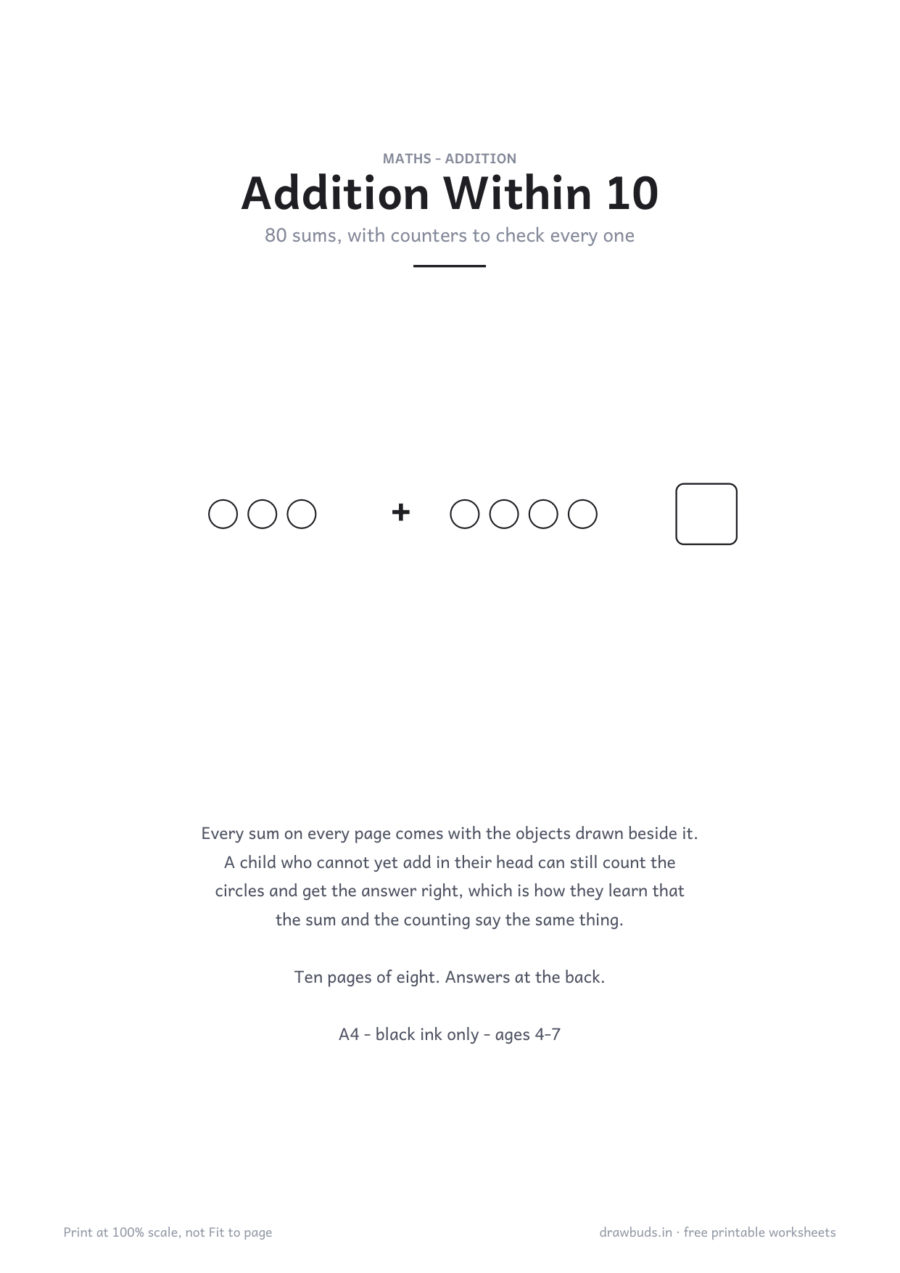 Addition Within 10 Worksheets — printable PDF page preview