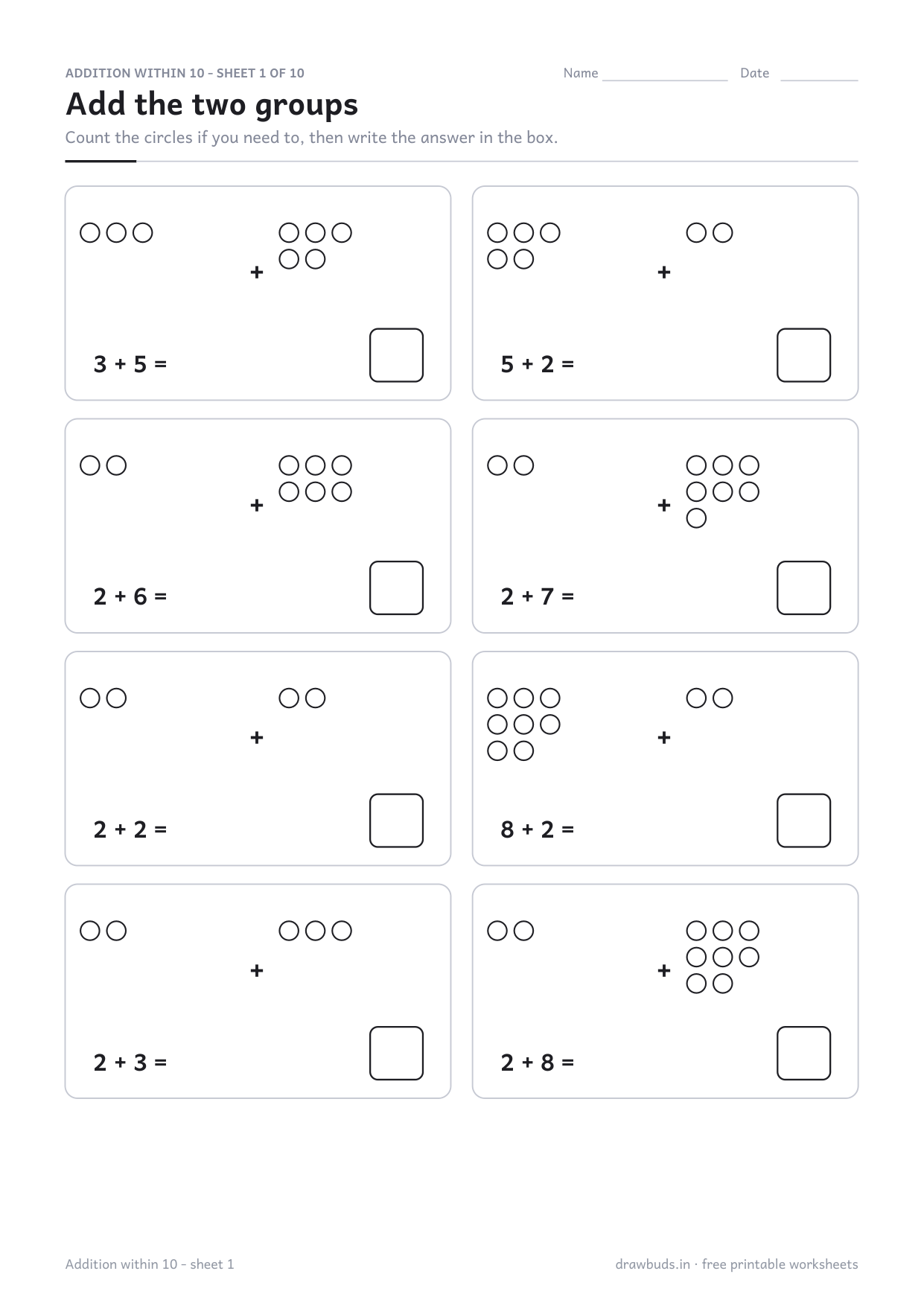 Addition worksheet with eight sums, each with circles to count