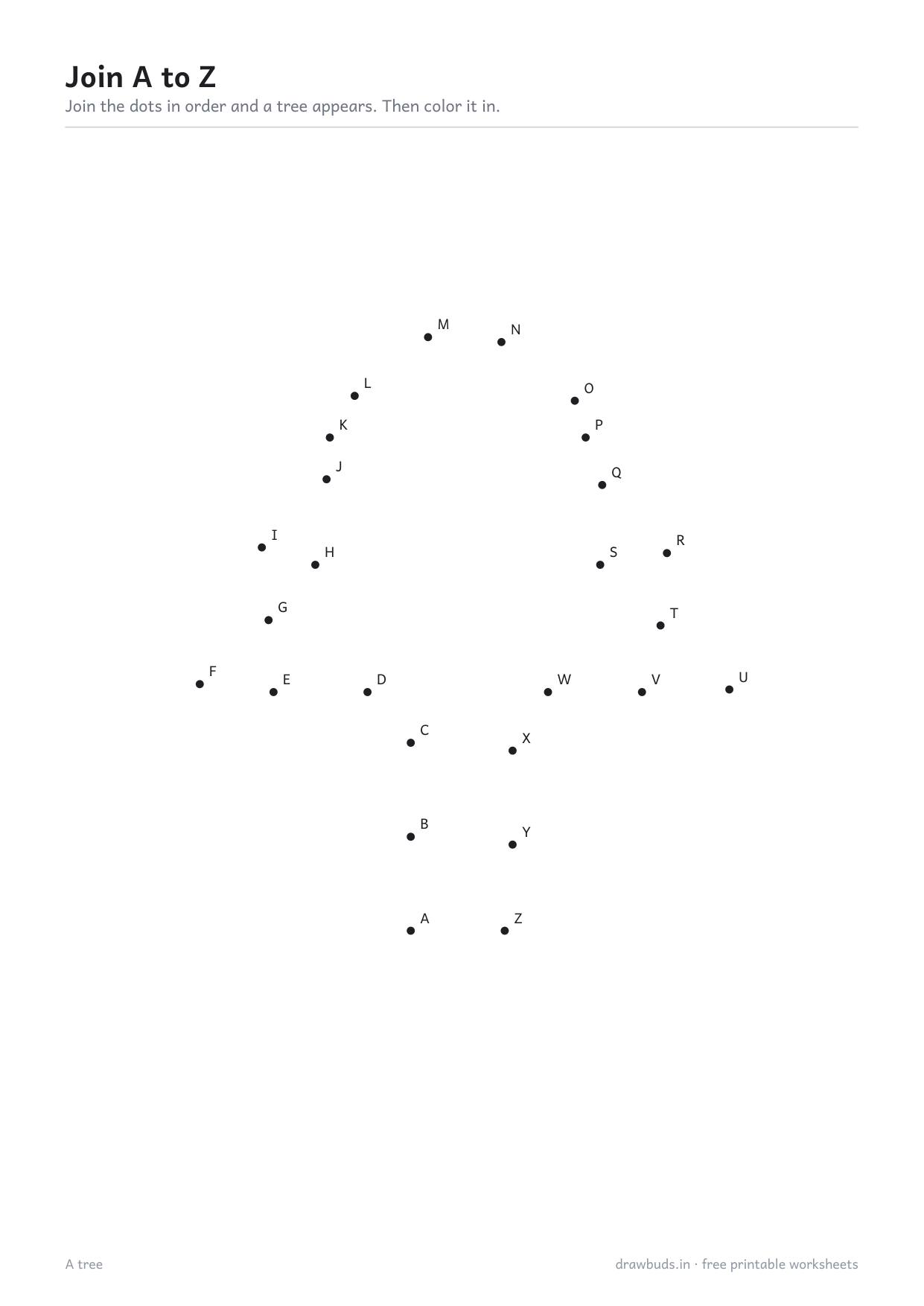 Dot-to-dot puzzle of a tree with 26 dots labelled A to Z
