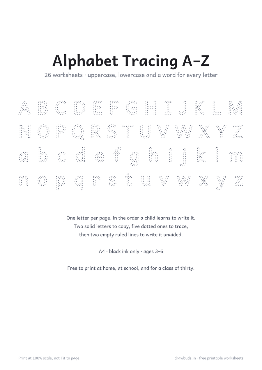 Alphabet tracing A to Z cover page showing all 26 dotted uppercase and lowercase letters