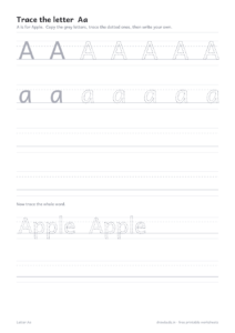 Letter A tracing worksheet page from the free printable alphabet tracing PDF