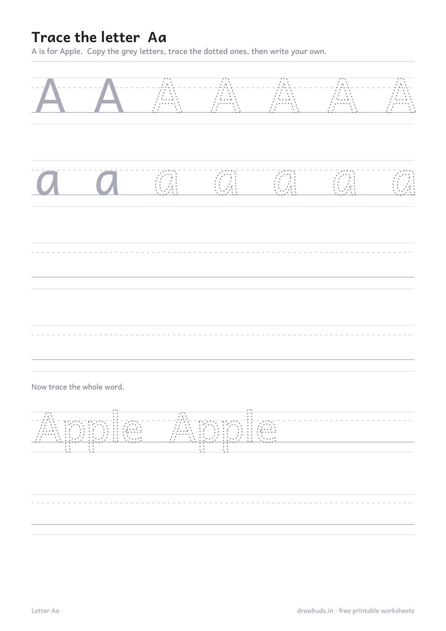 Letter A tracing worksheet page: two grey capital A letters to copy, five dotted A letters to trace, blank ruled lines, and the word Apple to trace