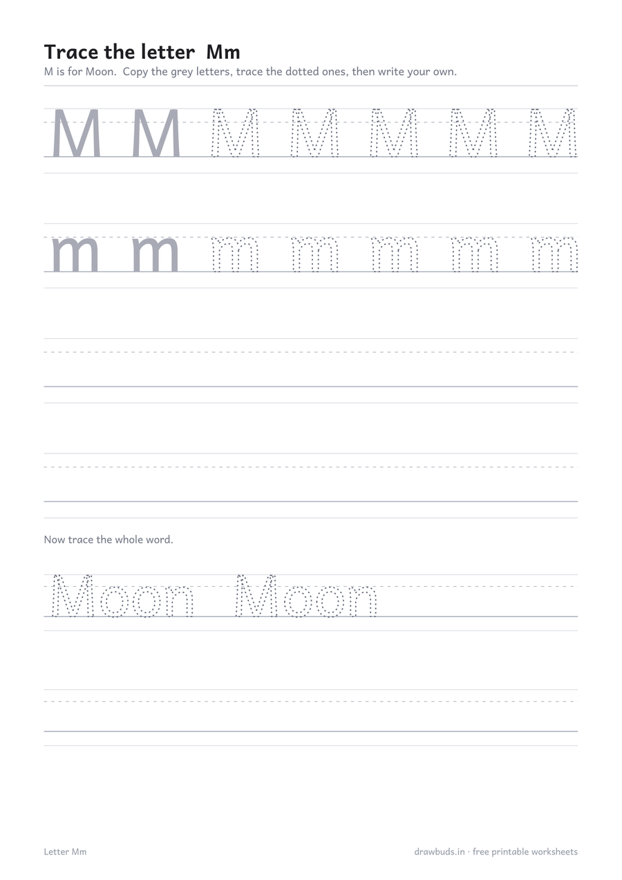 Letter M tracing worksheet page with dotted uppercase and lowercase M and the word Moon