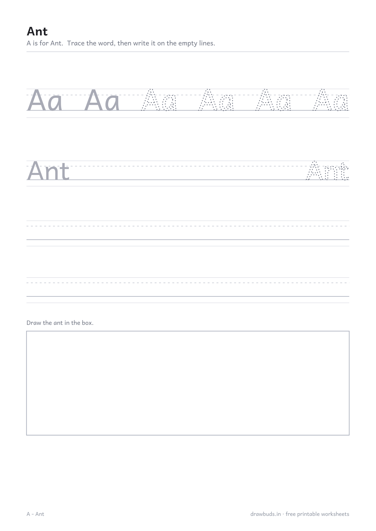 Animal name worksheet for Ant with the letters Aa and a drawing box