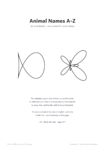 Animal Names A-Z cover page with a fish and a butterfly outline
