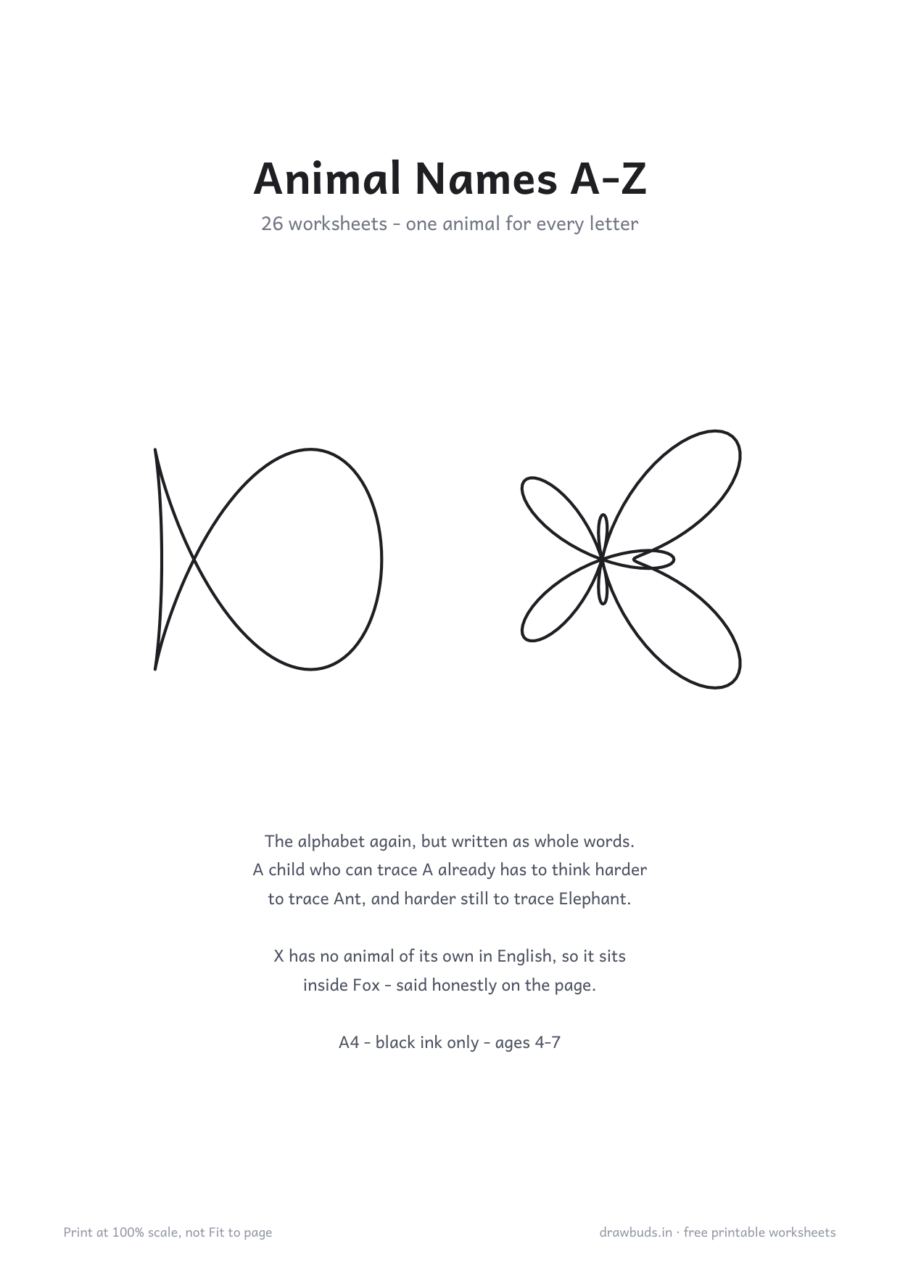 Animal Names Tracing A-Z — printable PDF page preview