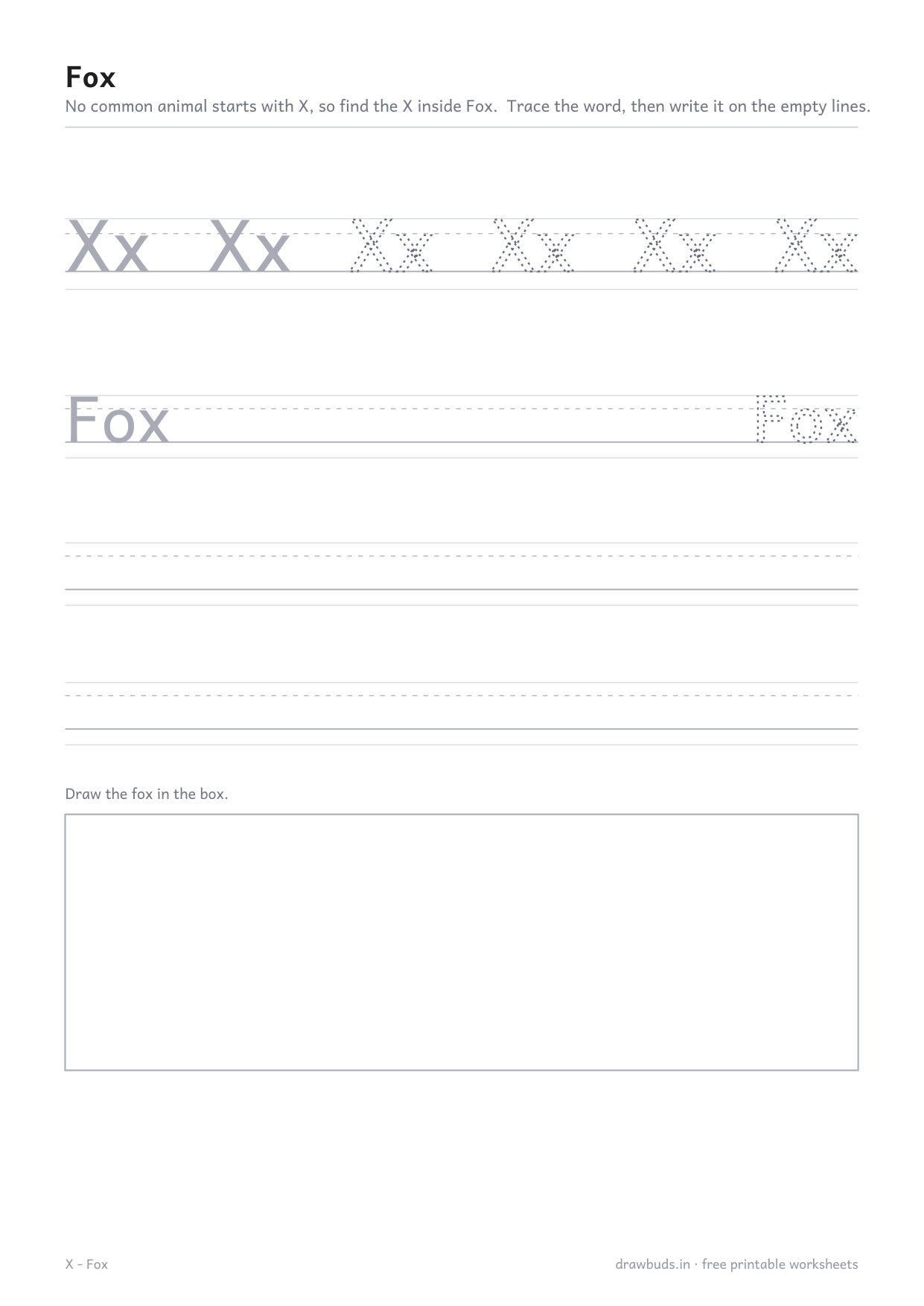 Animal name worksheet for Fox explaining that X sits inside Fox
