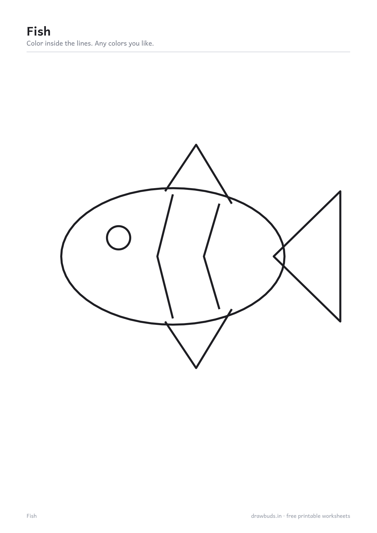 Coloring page with a large fish outline, an eye and fin lines