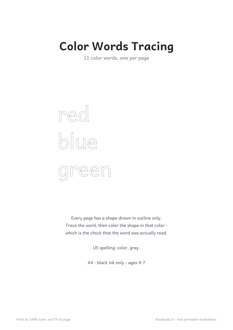 Color Words Tracing Worksheets — printable PDF page preview
