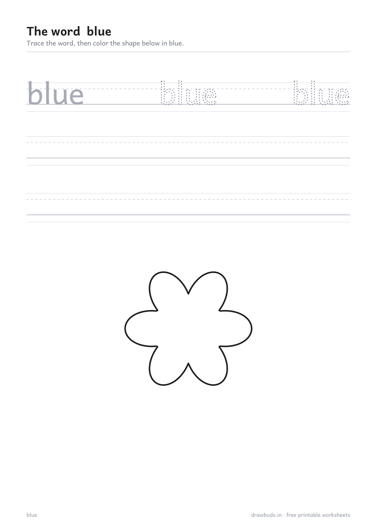 Color word worksheet for purple with a flower outline to color in