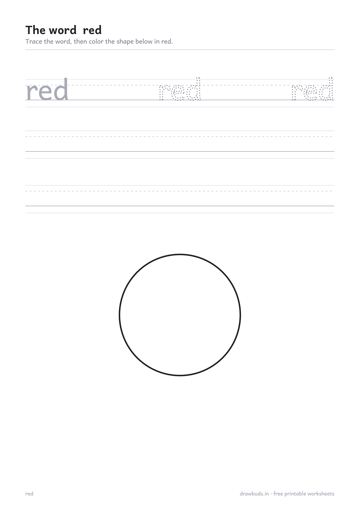Color word worksheet for red with a circle to color in
