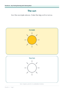 Toddler coloring page showing a coloured sun above the same sun as a thick blank outline