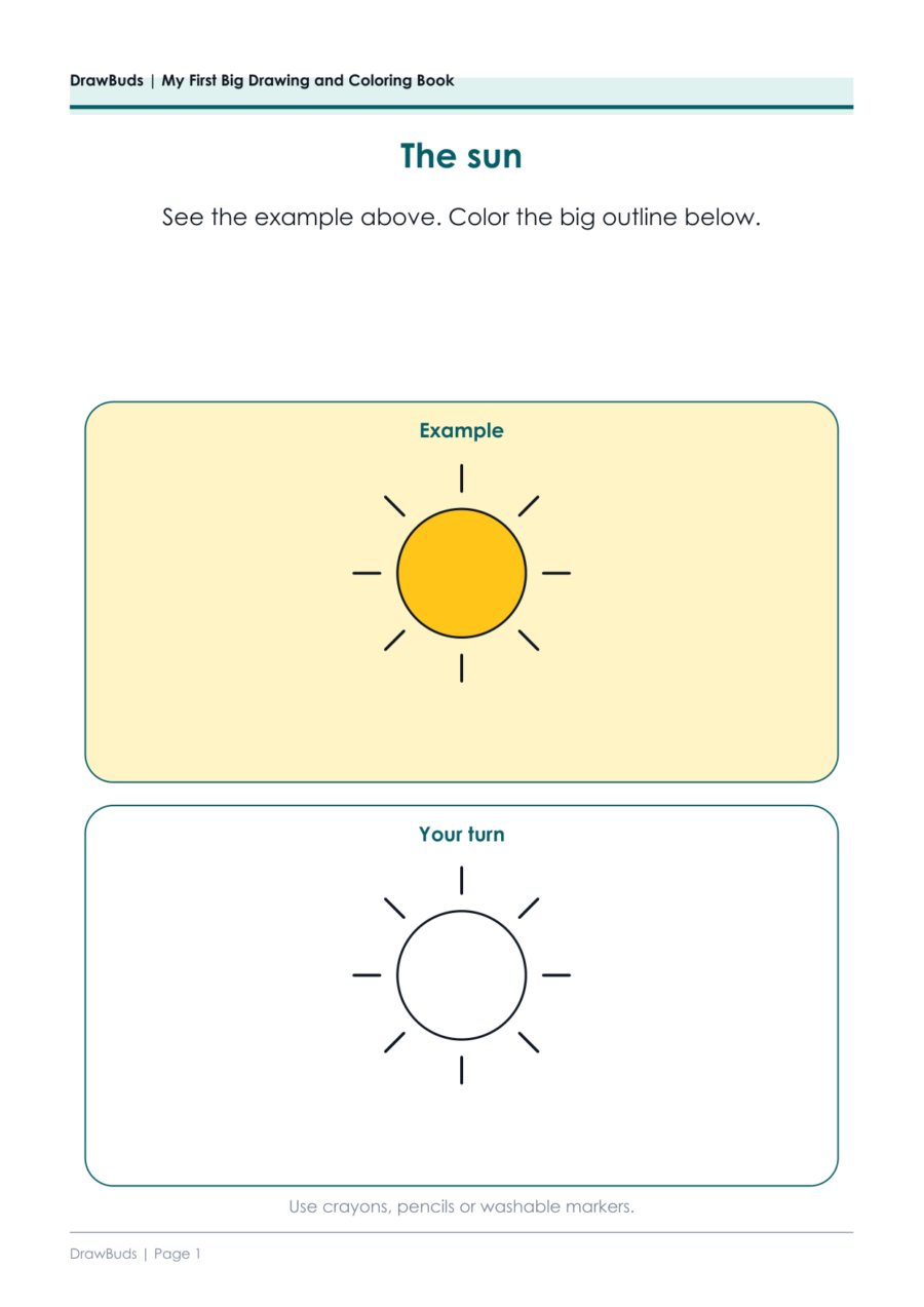 Coloring Book for Toddlers: Colored Example, Big Outline to Copy — printable PDF page preview