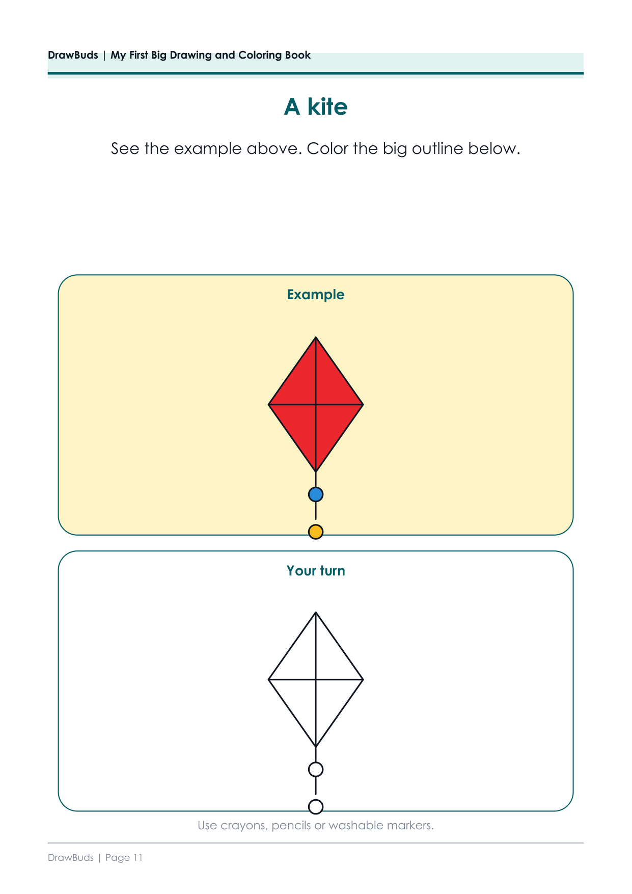 Toddler coloring page with a coloured kite above a matching blank kite outline