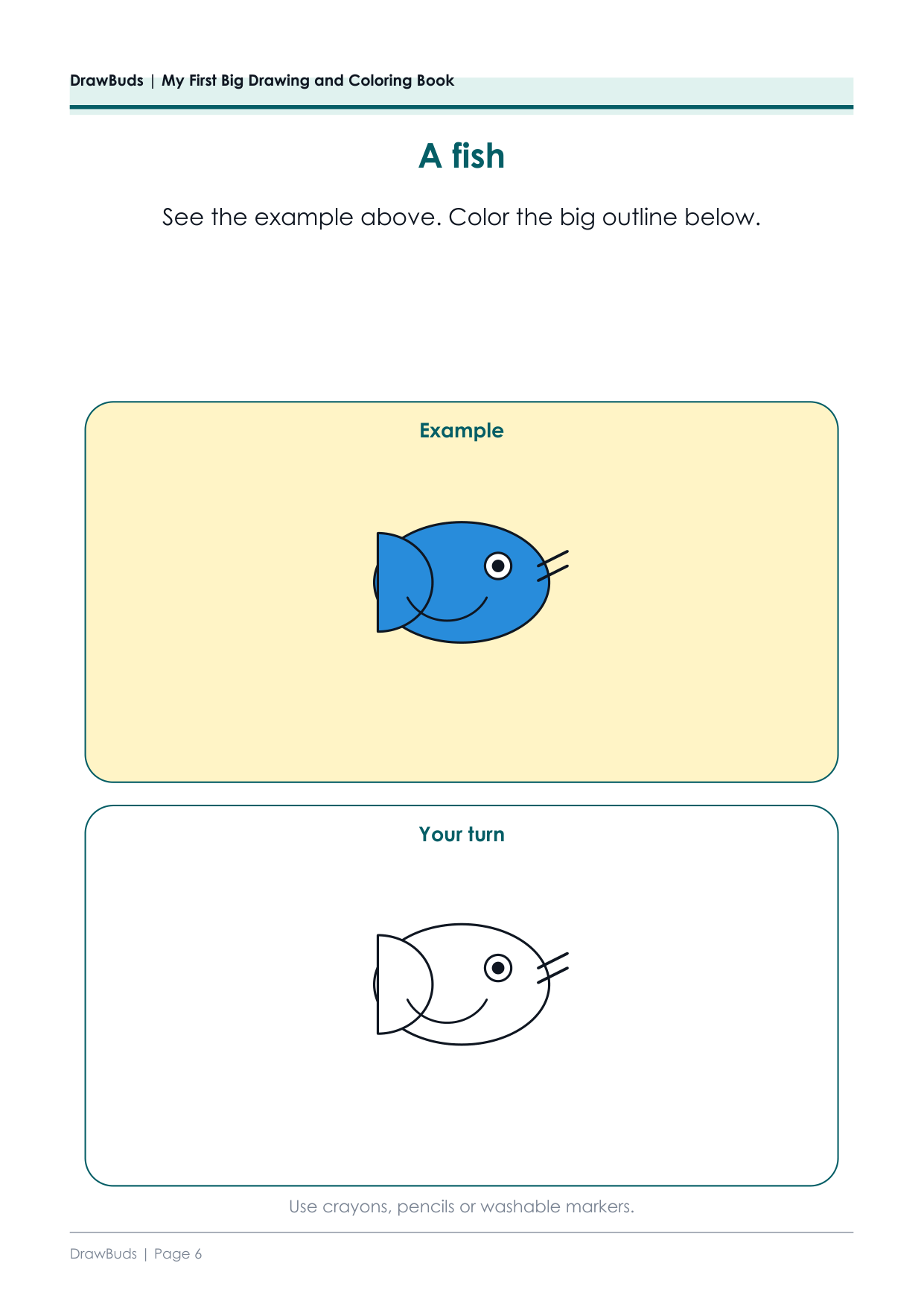 Toddler coloring page with a coloured fish above a matching blank fish outline