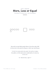 More, Less or Equal cover page with two groups of counters
