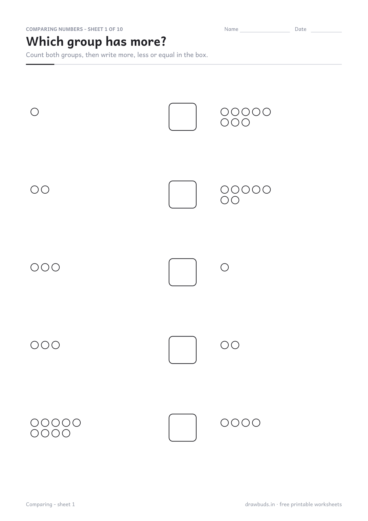 Comparing worksheet with two groups of counters and a box for the word