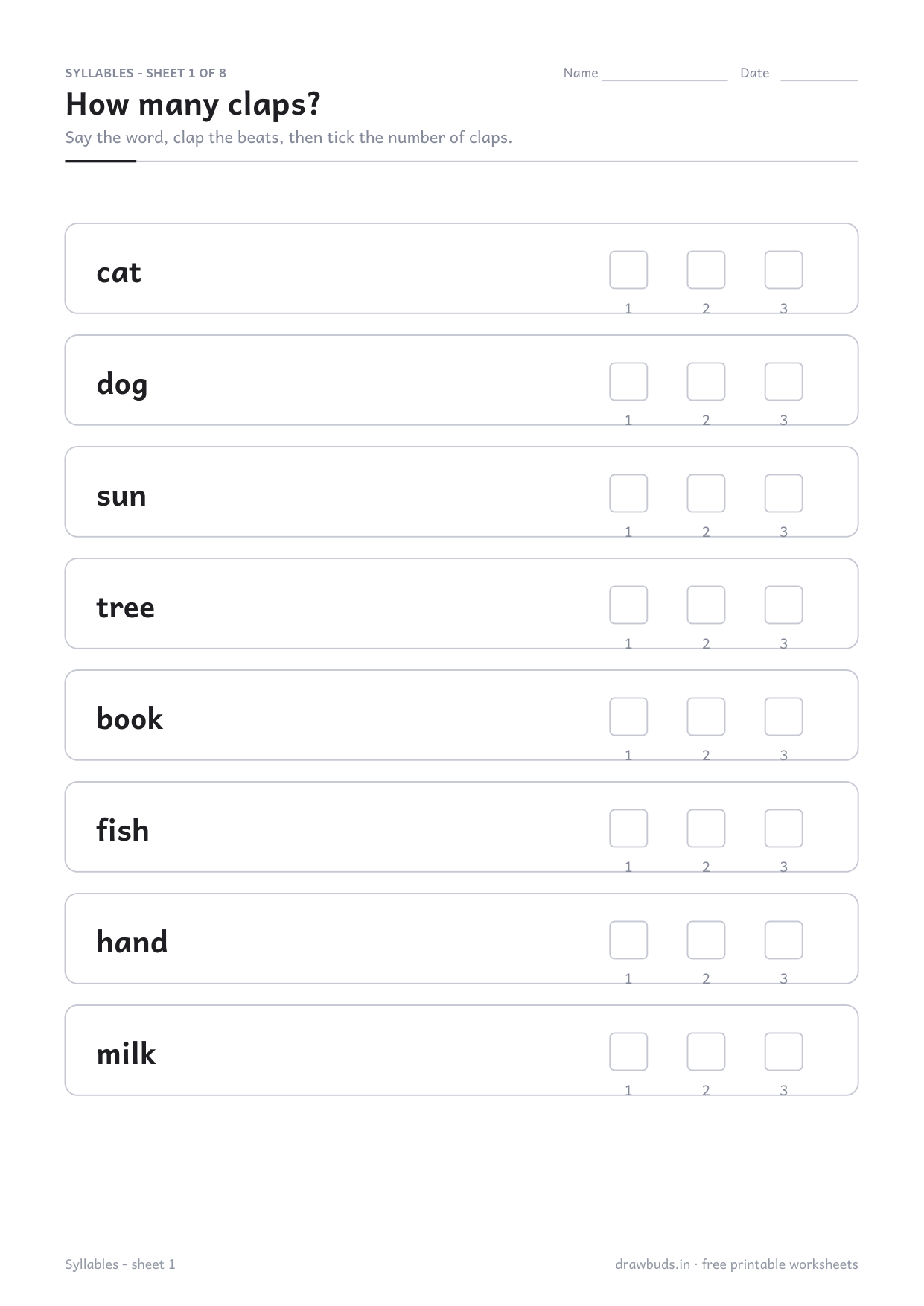 Syllable worksheet with eight words and tick boxes
