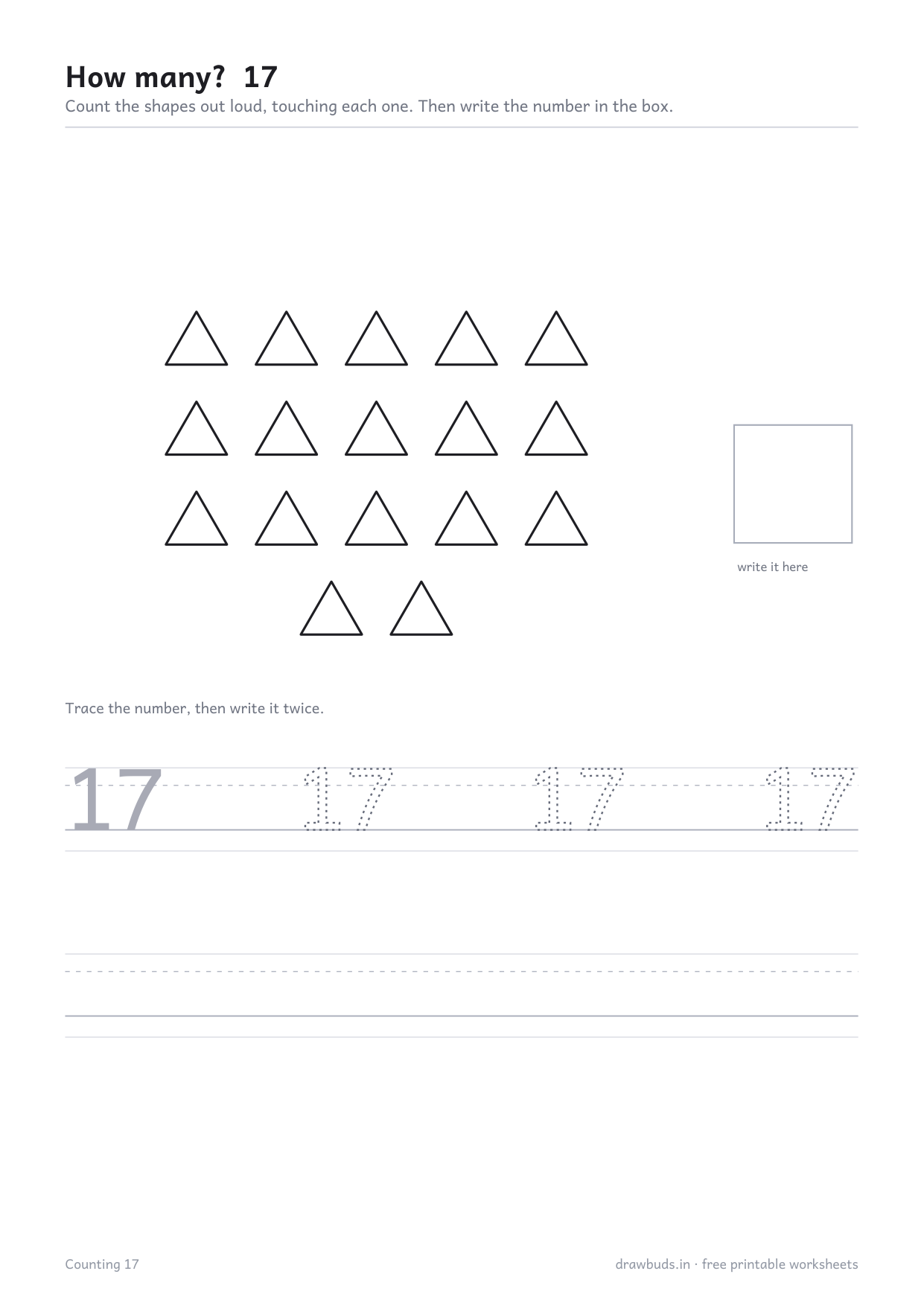 Counting worksheet for seventeen with shapes in rows of five