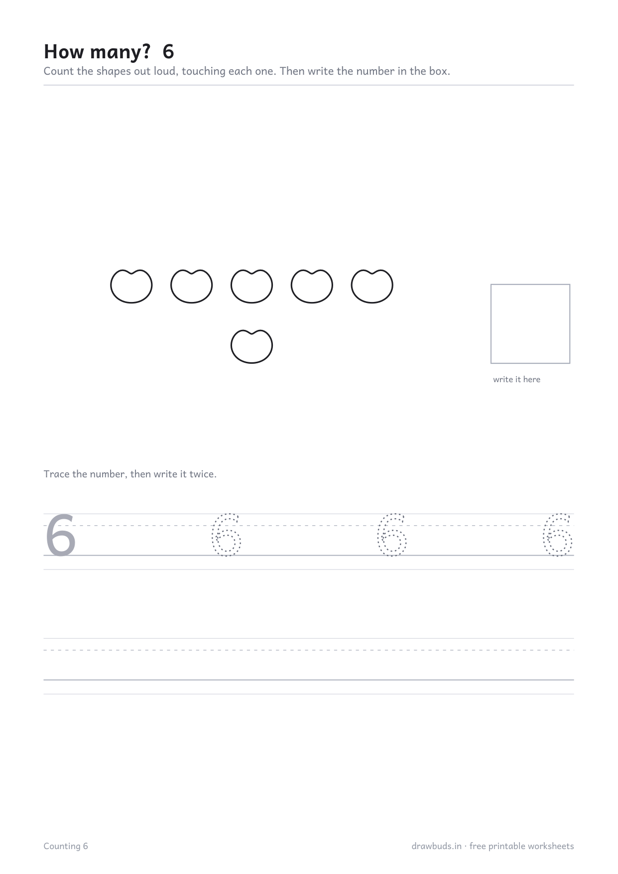 Counting worksheet for six showing five shapes in one row and one below