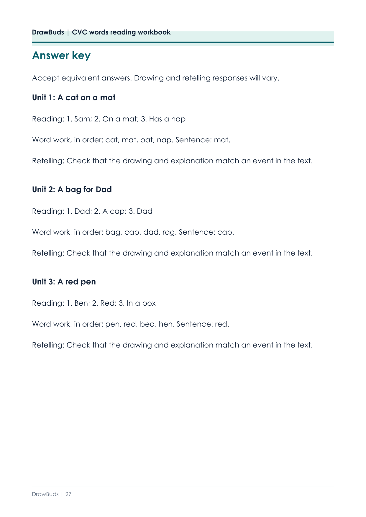 Answer key page listing reading, word work and sentence answers for the first units