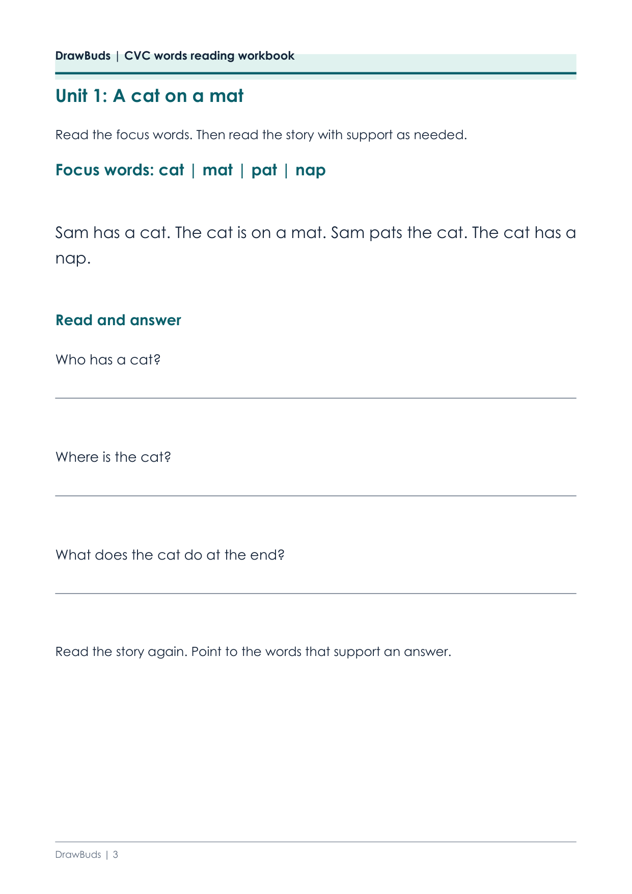 CVC story page: focus words cat, mat, pat and nap with a short story and three reading questions