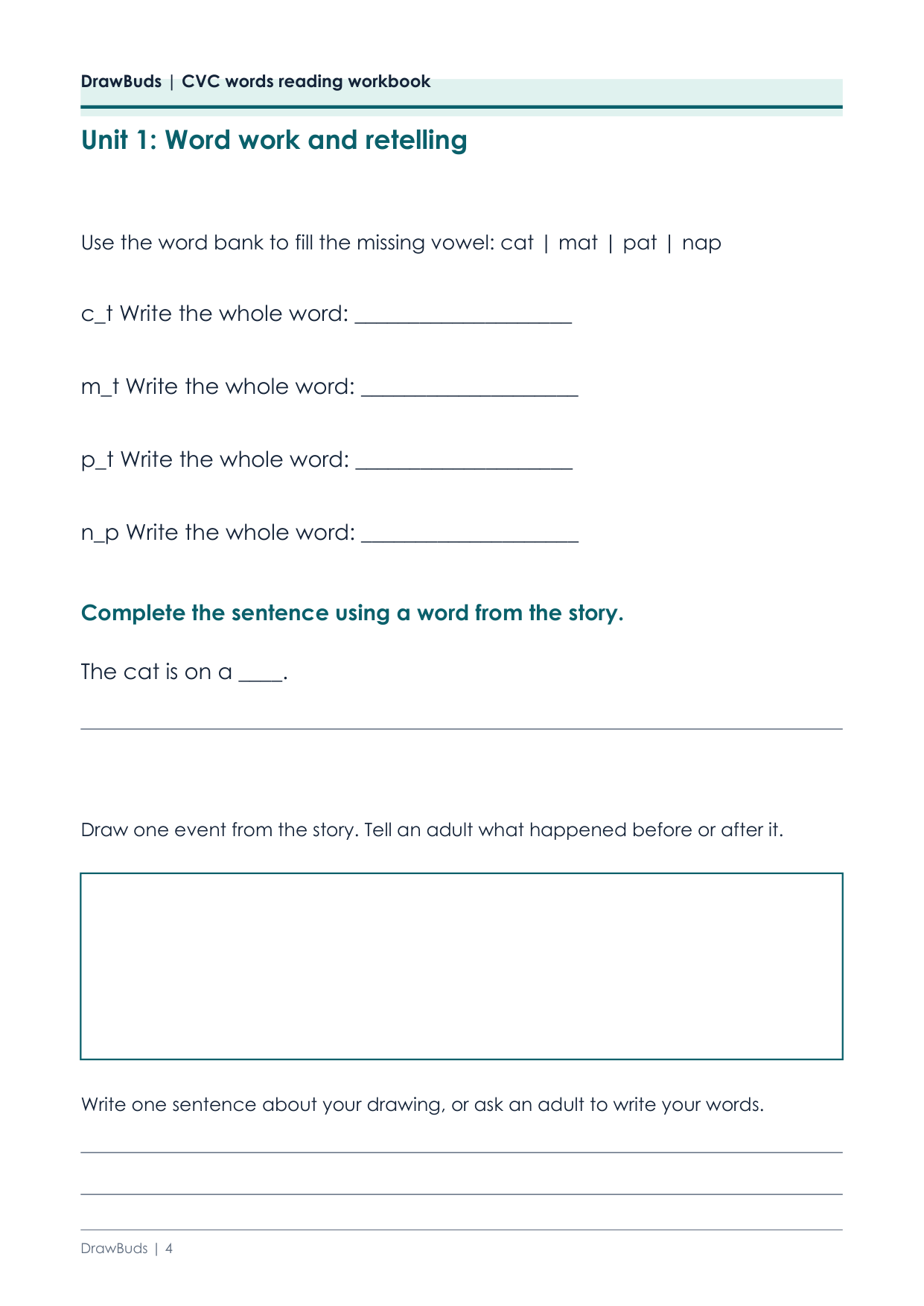 CVC word work page with missing vowels to fill and whole words to write
