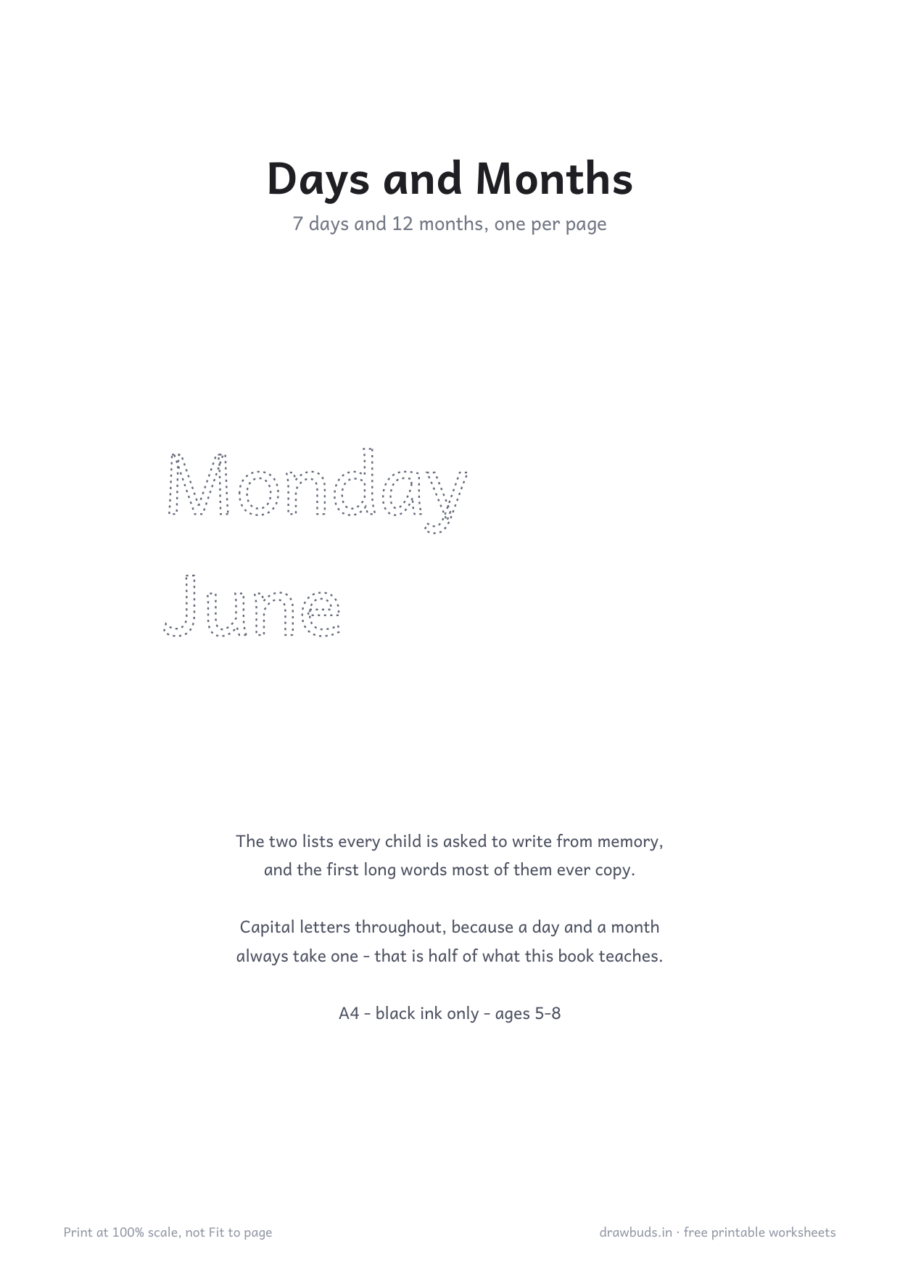 Days and Months Tracing Worksheets — printable PDF page preview