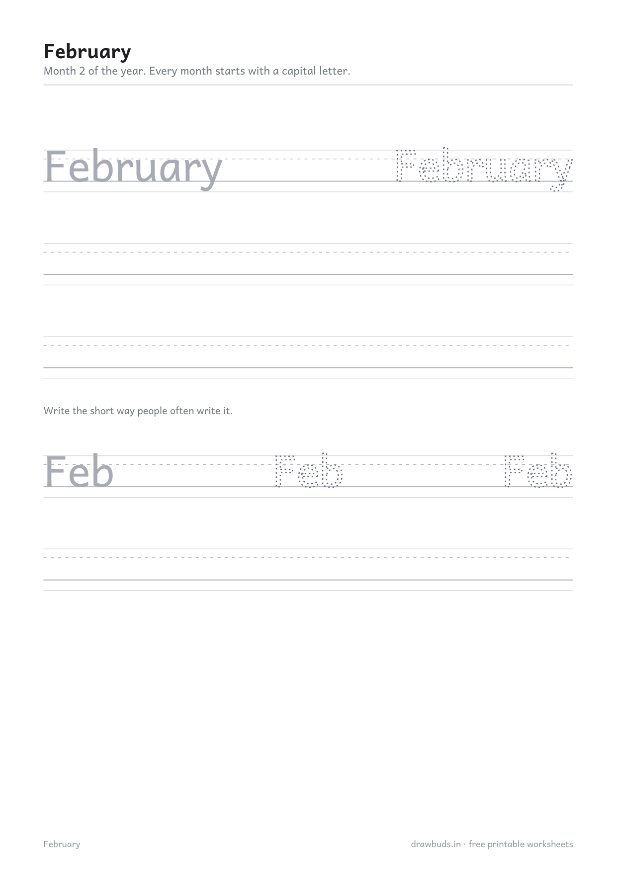 February tracing worksheet with the short form Feb below it