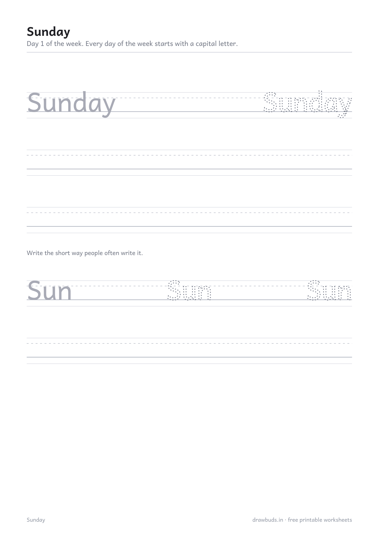 Sunday tracing worksheet with the short form Sun below it