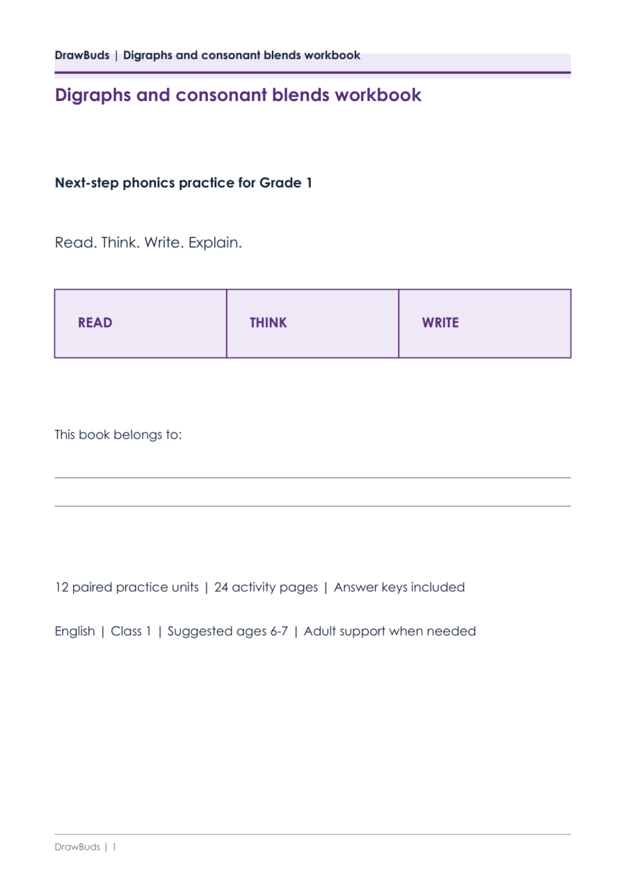 Digraph Workbook: Consonant Digraphs and Blends for Grade 1 — printable PDF page preview