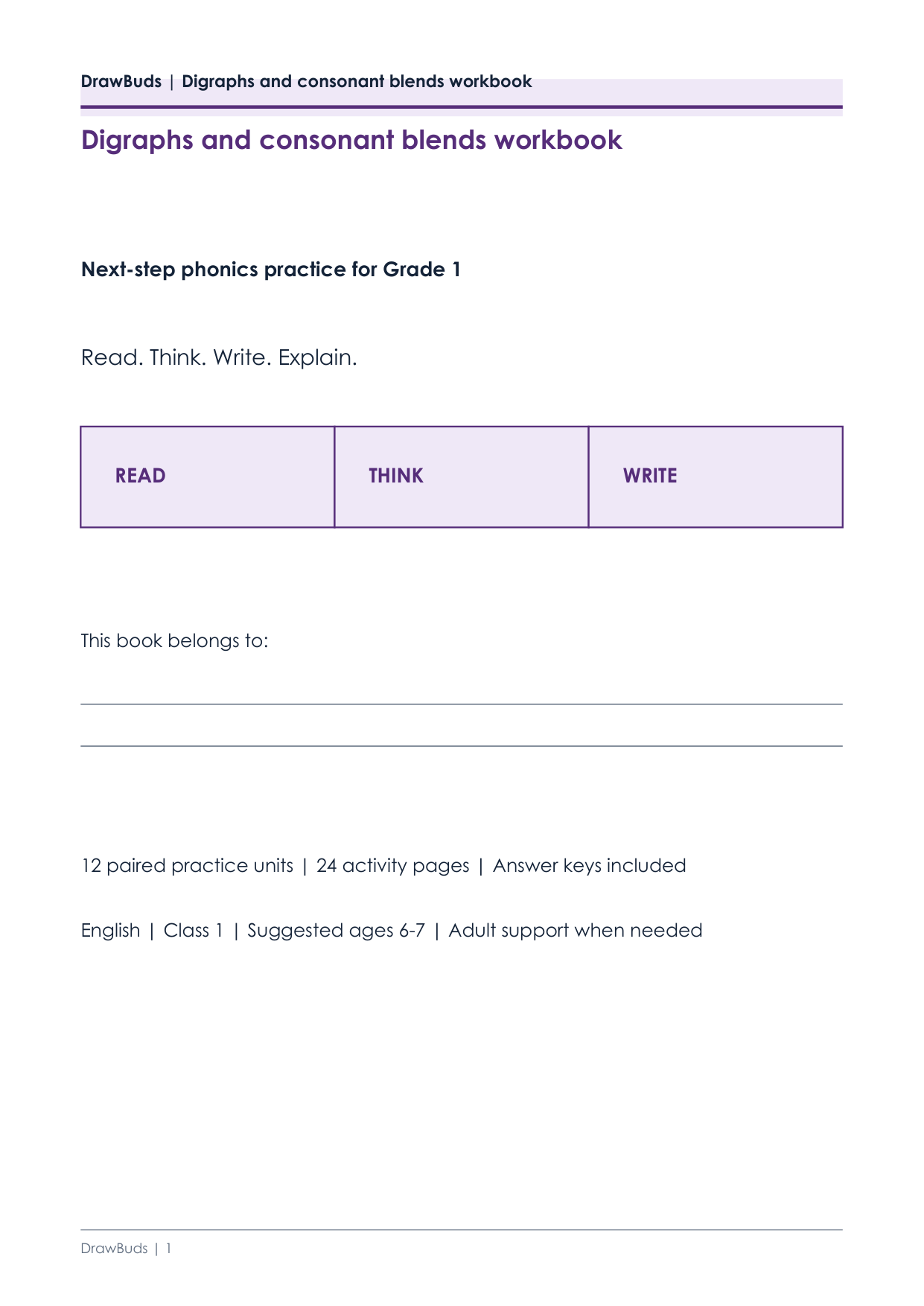 Cover of the digraphs and consonant blends workbook for Grade 1