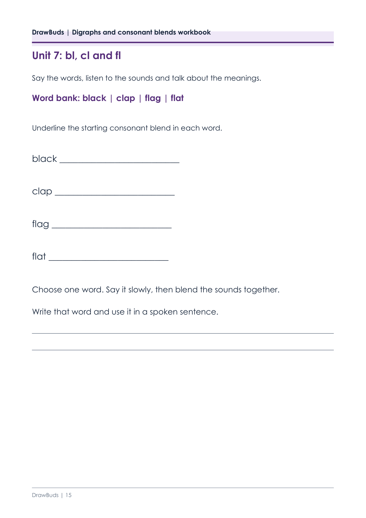 Consonant blends worksheet for bl, cl and fl with black, clap, flag and flat