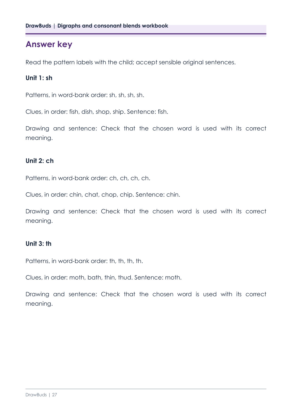 Answer key page listing the digraph patterns and clue answers in order